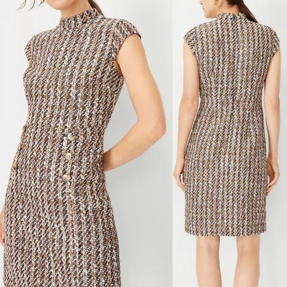 ANN TAYLOR Brown Tweed Mock Neck Metallic Shimmer Sheath Office Dress Size 14